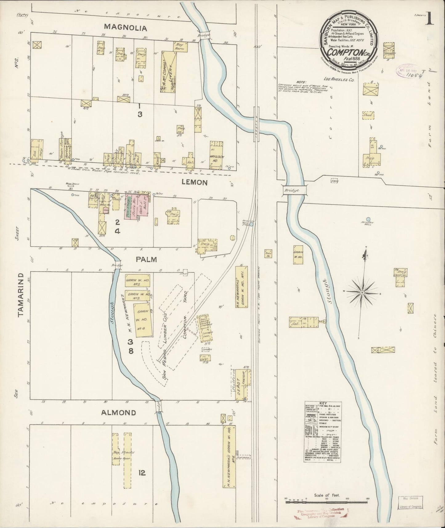 Sanborn Fire Insurance Map from Compton, Los Angeles County, California (1888), Sheet #0001 - Complete Map Set gallery image, historic Sanborn map, vintage wall art, California California