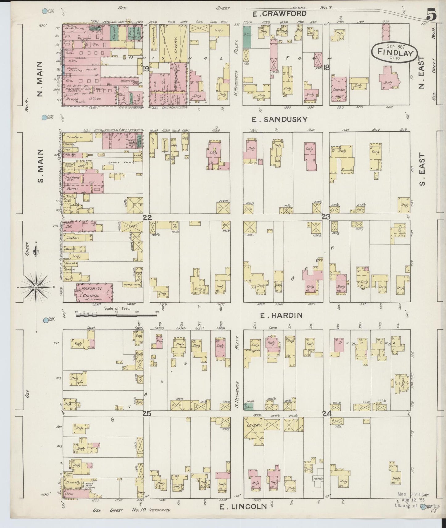 Sanborn Fire Insurance Map from Findlay, Hancock County, Ohio (1887), Sheet #0005 - Historic Sanborn Fire Insurance Map Print, vintage old map wall art, antique decor, genealogy gift, Ohio Ohio map