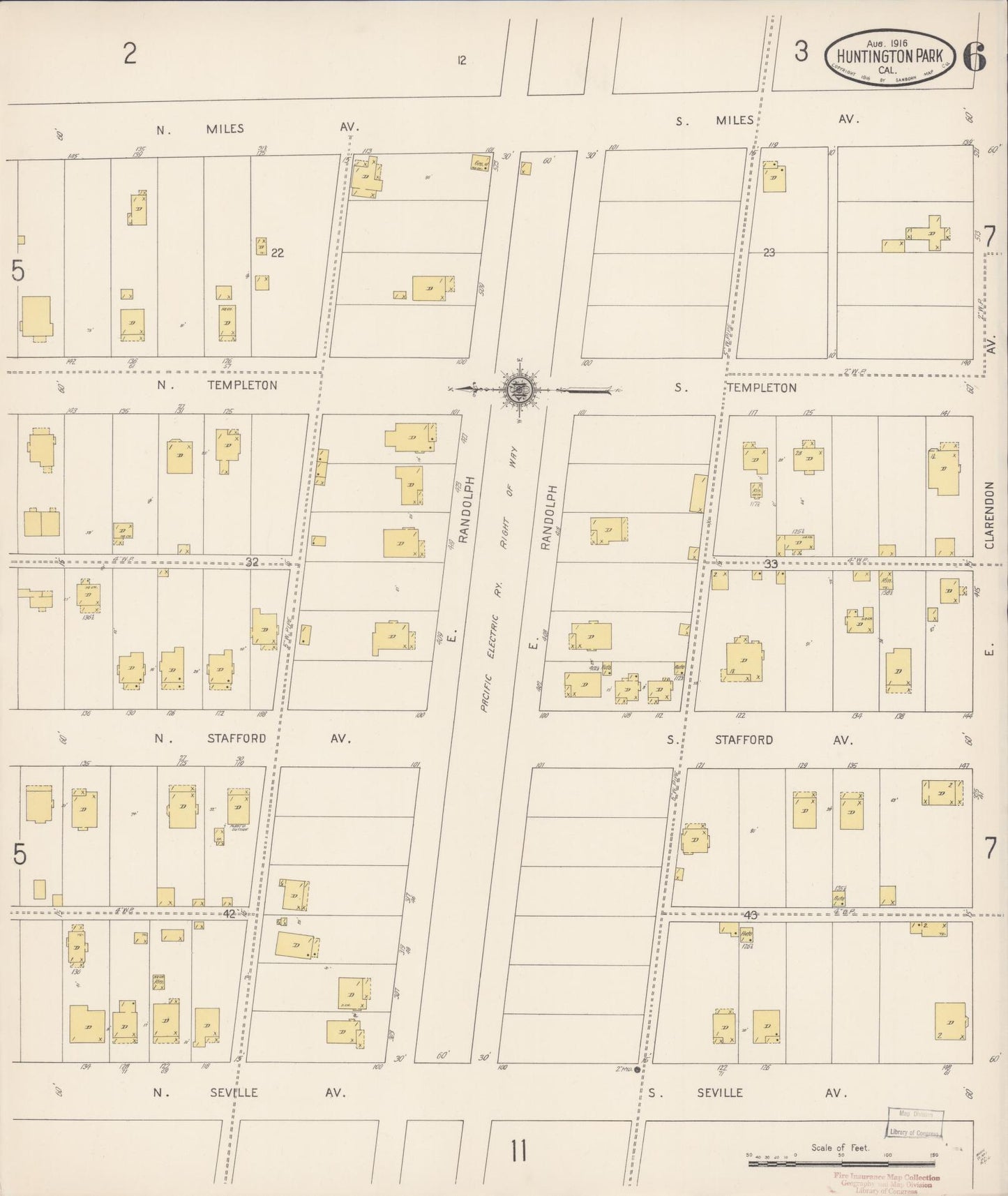 Sanborn Fire Insurance Map from Huntington Park, Los Angeles County, California (1916), Sheet #0006 - Historic Sanborn Fire Insurance Map Print, vintage old map wall art, antique decor, genealogy gift, California California map