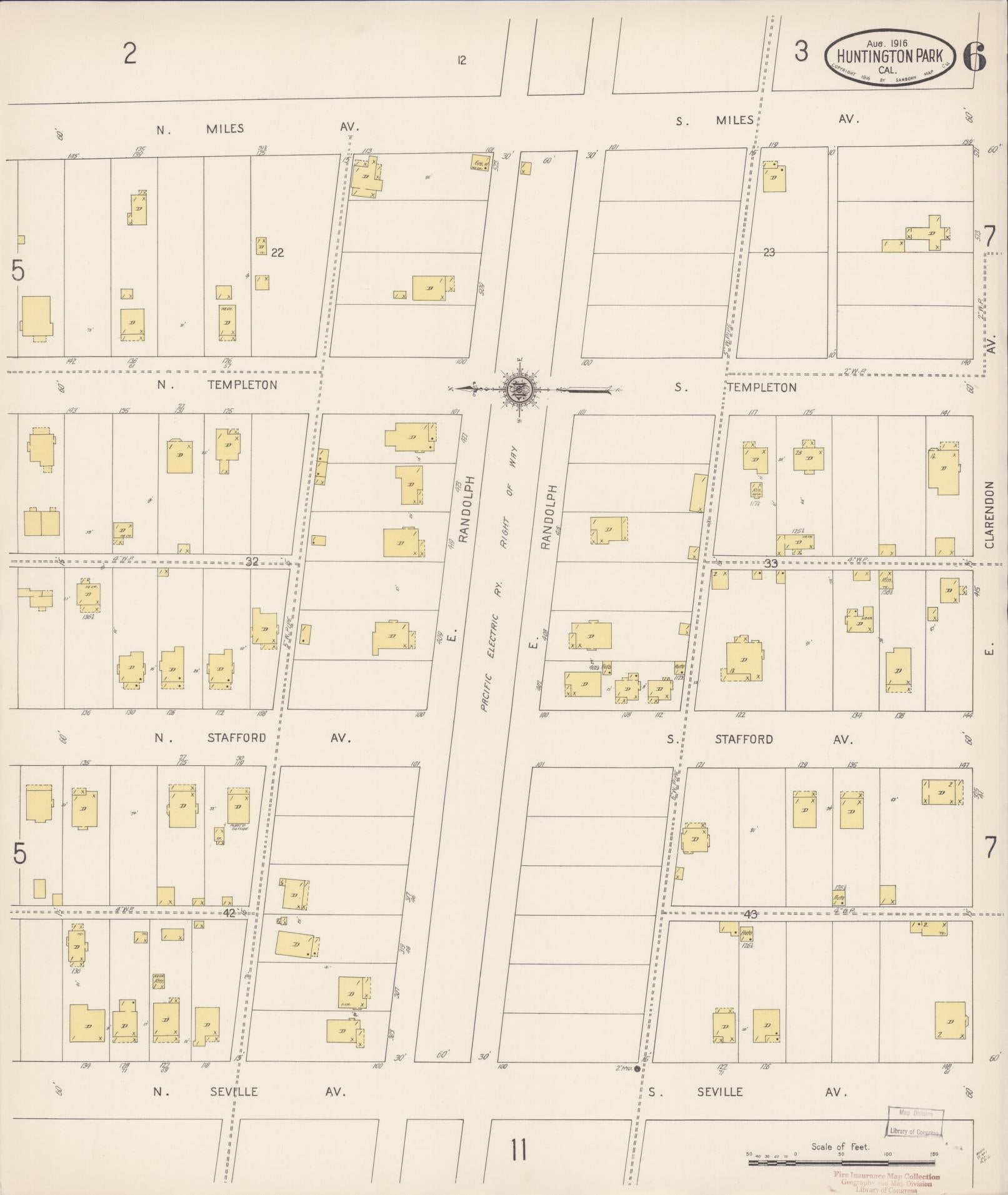 Sanborn Fire Insurance Map from Huntington Park, Los Angeles County, California (1916), Sheet #0006 - Historic Sanborn Fire Insurance Map Print, vintage old map wall art, antique decor, genealogy gift, California California map