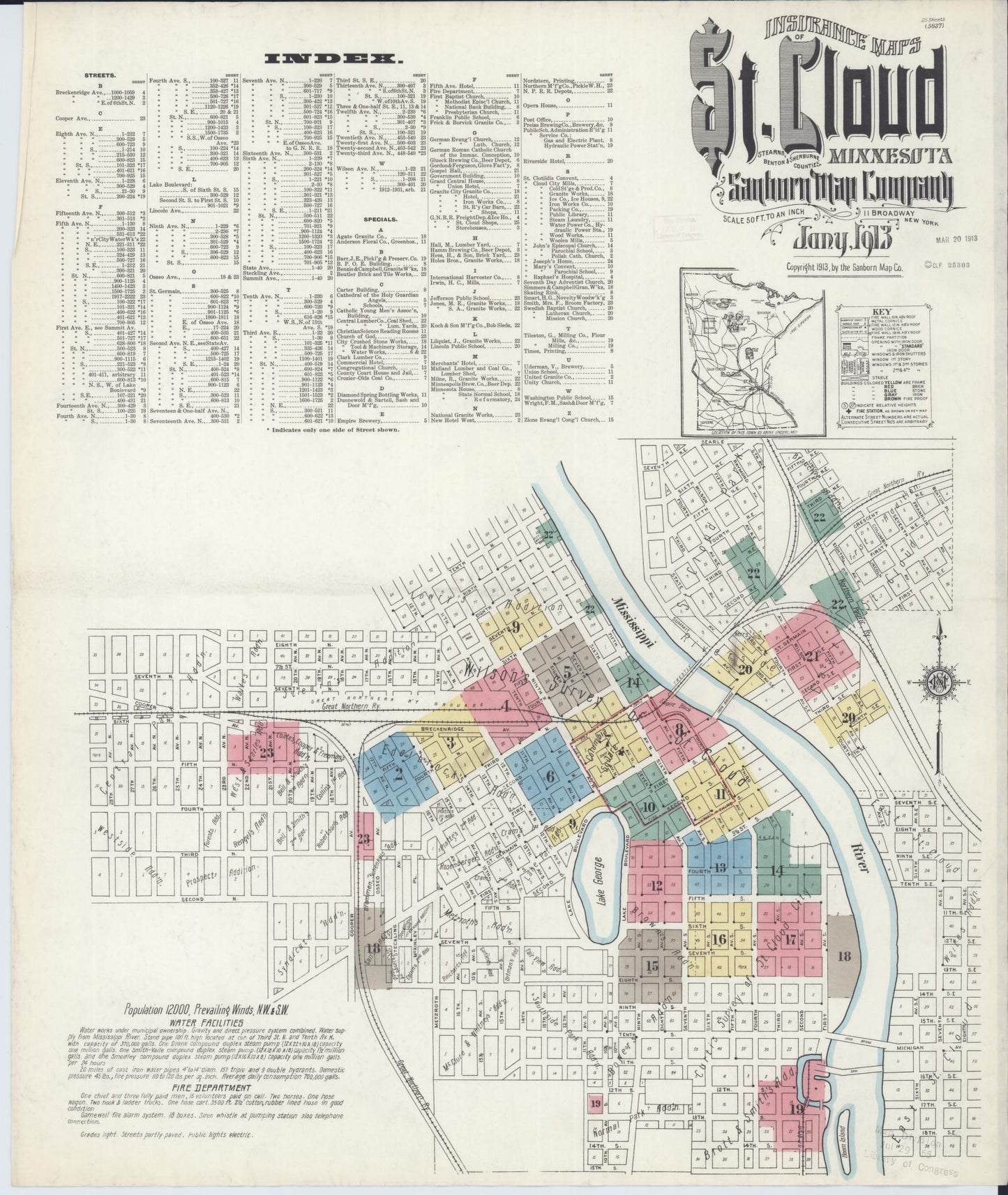Sanborn Fire Insurance Map from Saint Cloud, Stearns, Benton, and Sherburne Counties, Minnesota (1913), Sheet #0001 - Complete Map Set gallery image, historic Sanborn map, vintage wall art, Minnesota Minnesota