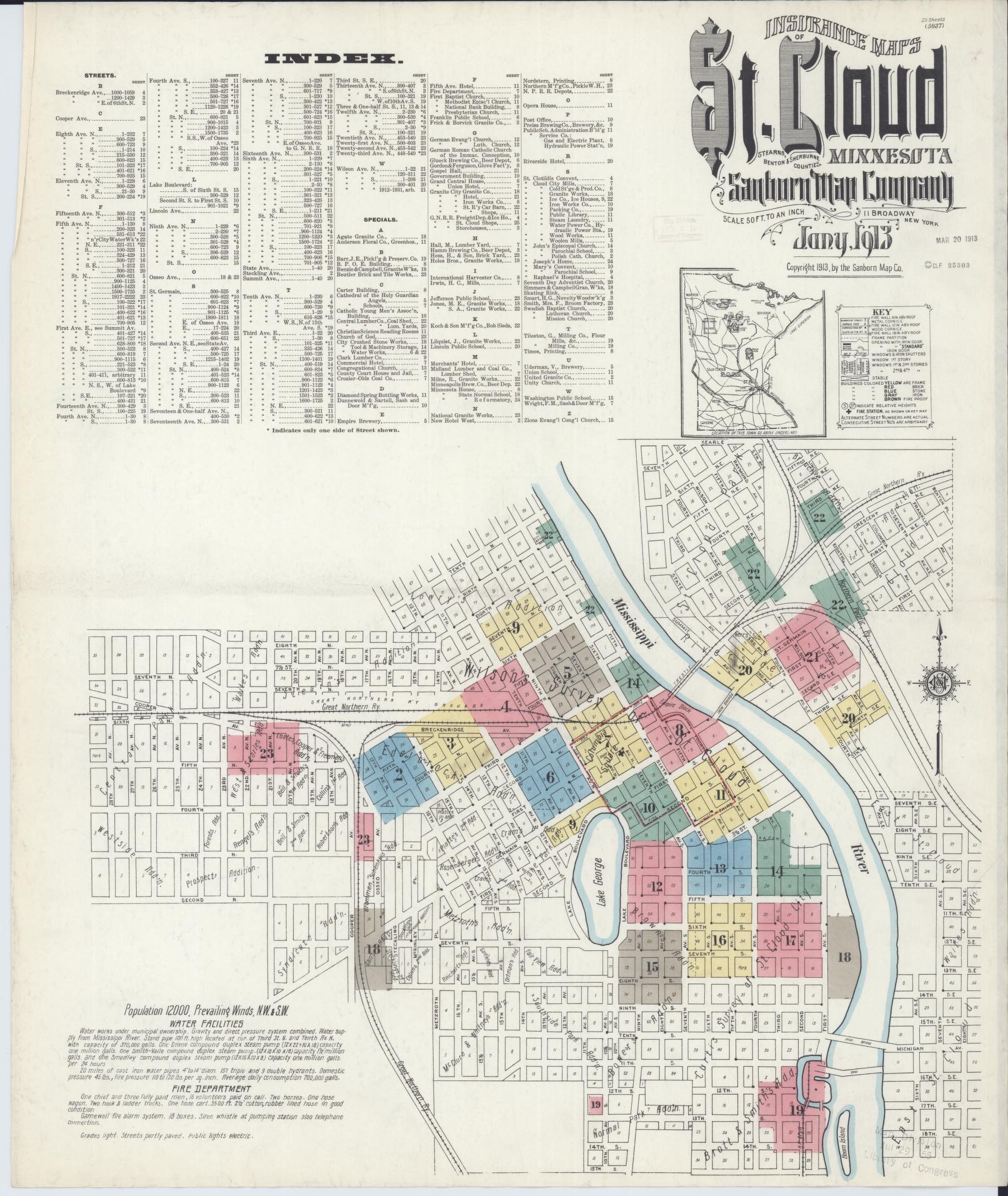 Sanborn Fire Insurance Map from Saint Cloud, Stearns, Benton, and Sherburne Counties, Minnesota (1913), Sheet #0001 - Complete Map Set gallery image, historic Sanborn map, vintage wall art, Minnesota Minnesota