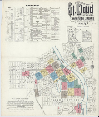 Sanborn Fire Insurance Map from Saint Cloud, Stearns, Benton, and Sherburne Counties, Minnesota (1913), Sheet #0001 - Complete Map Set gallery image, historic Sanborn map, vintage wall art, Minnesota Minnesota