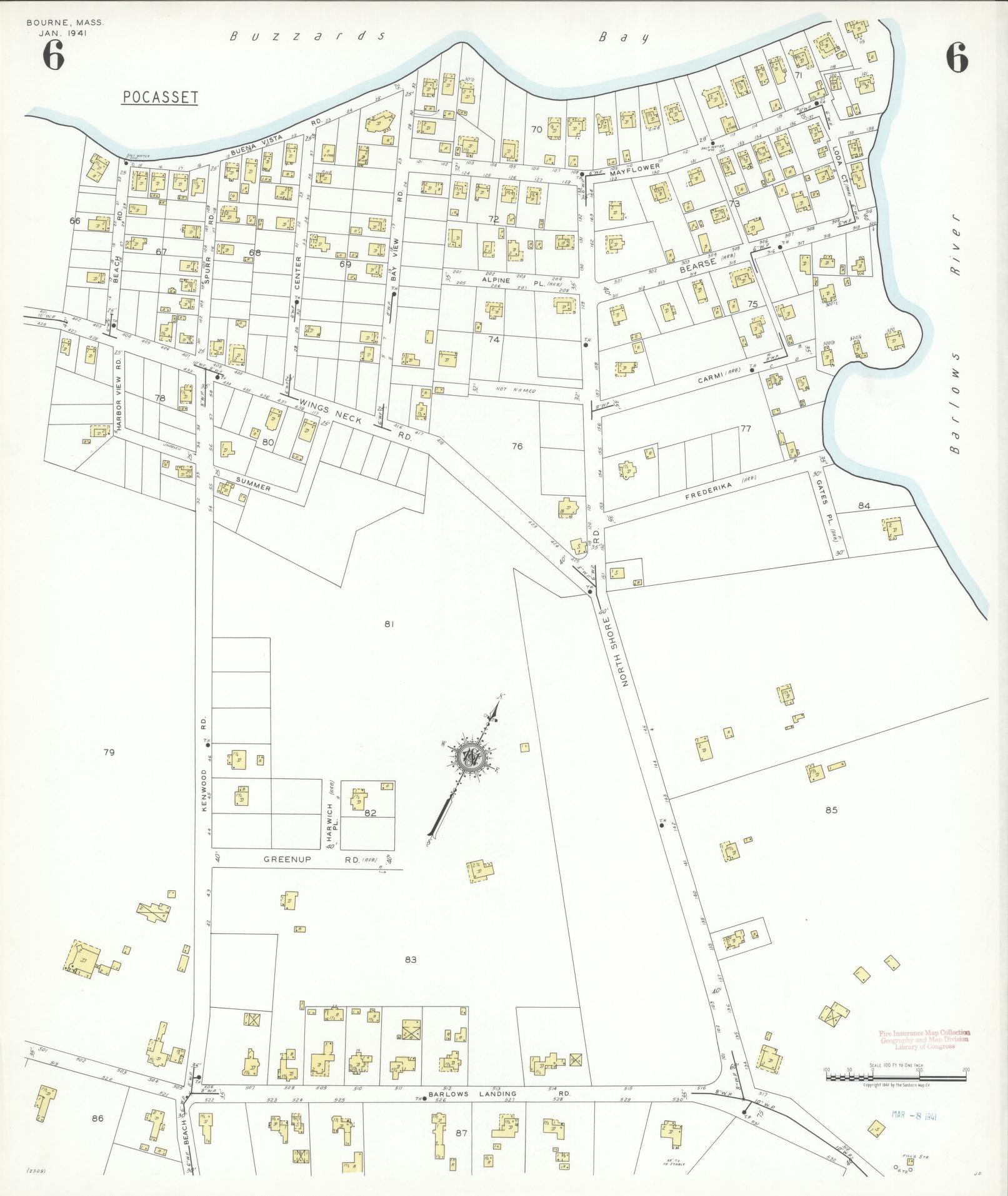 Sanborn Fire Insurance Map from Bourne, Barnstable County, Massachusetts (1941), Sheet #0006 - Historic Sanborn Fire Insurance Map Print, vintage old map wall art, antique decor, genealogy gift, Massachusetts Massachusetts map