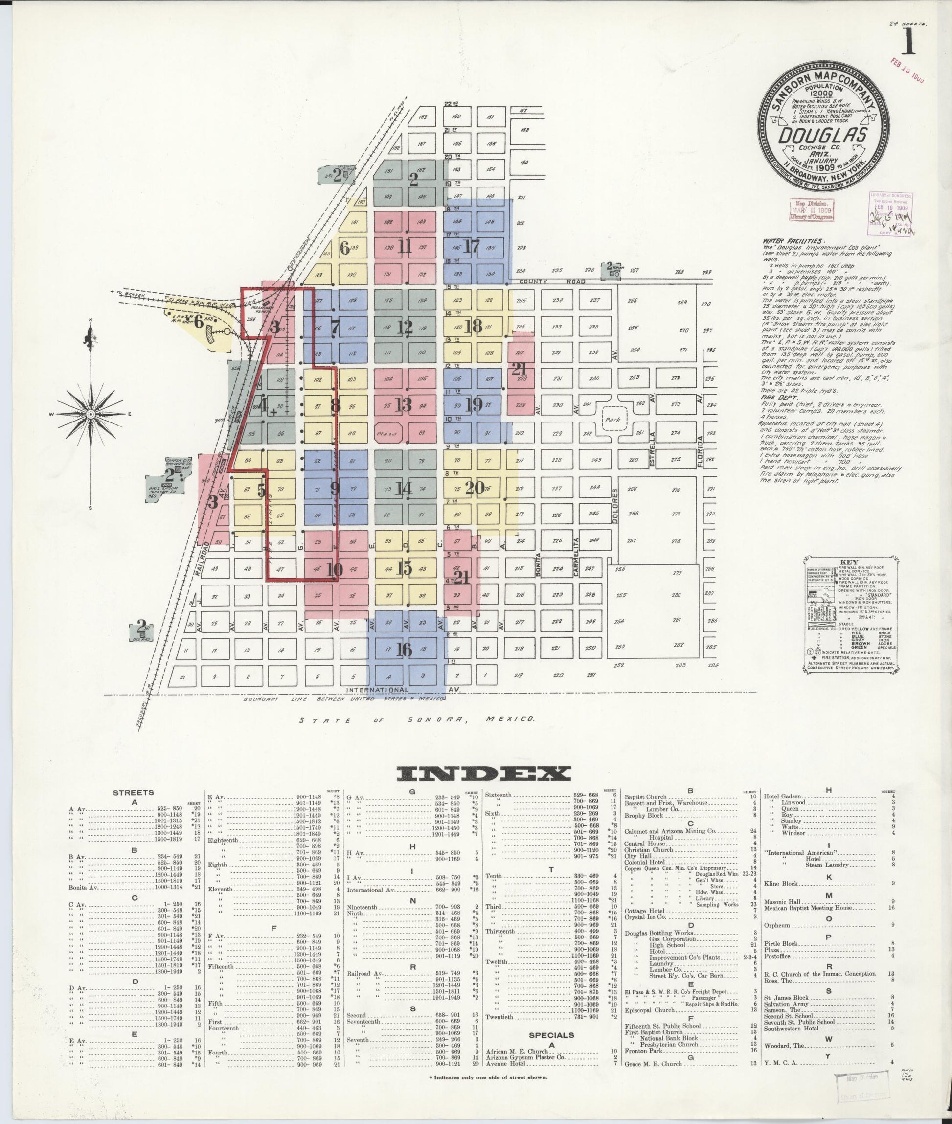 Sanborn Fire Insurance Map from Douglas, Cochise County, Arizona (1909), Sheet #0001 - Complete Map Set gallery image, historic Sanborn map, vintage wall art, Arizona Arizona