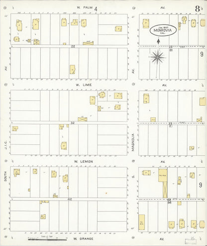 Sanborn Fire Insurance Map from Monrovia, Los Angeles County, California (1907), Sheet #0008 - Historic Sanborn Fire Insurance Map Print, vintage old map wall art, antique decor, genealogy gift, California California map