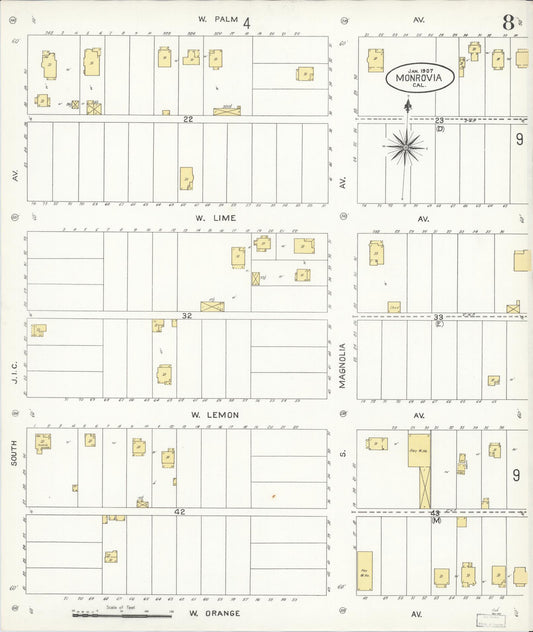 Sanborn Fire Insurance Map from Monrovia, Los Angeles County, California (1907), Sheet #0008 - Historic Sanborn Fire Insurance Map Print, vintage old map wall art, antique decor, genealogy gift, California California map
