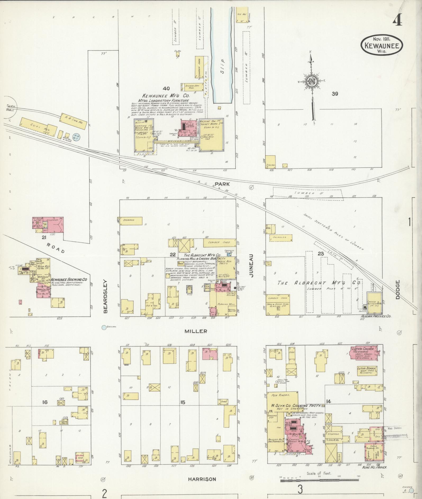 Sanborn Fire Insurance Map from Kewaunee, Kewaunee County, Wisconsin (1911), Sheet #0004 - Historic Sanborn Fire Insurance Map Print, vintage old map wall art, antique decor, genealogy gift, Wisconsin Wisconsin map