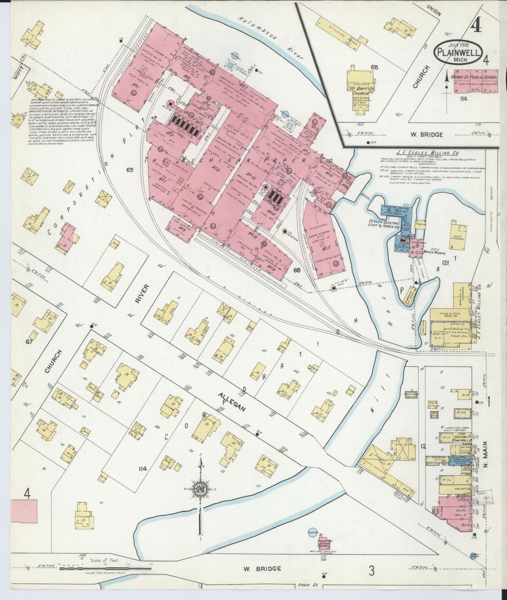 Sanborn Fire Insurance Map from Plainwell, Allegan County, Michigan (1918), Sheet #0004 - Complete Map Set gallery image, historic Sanborn map, vintage wall art, Michigan Michigan