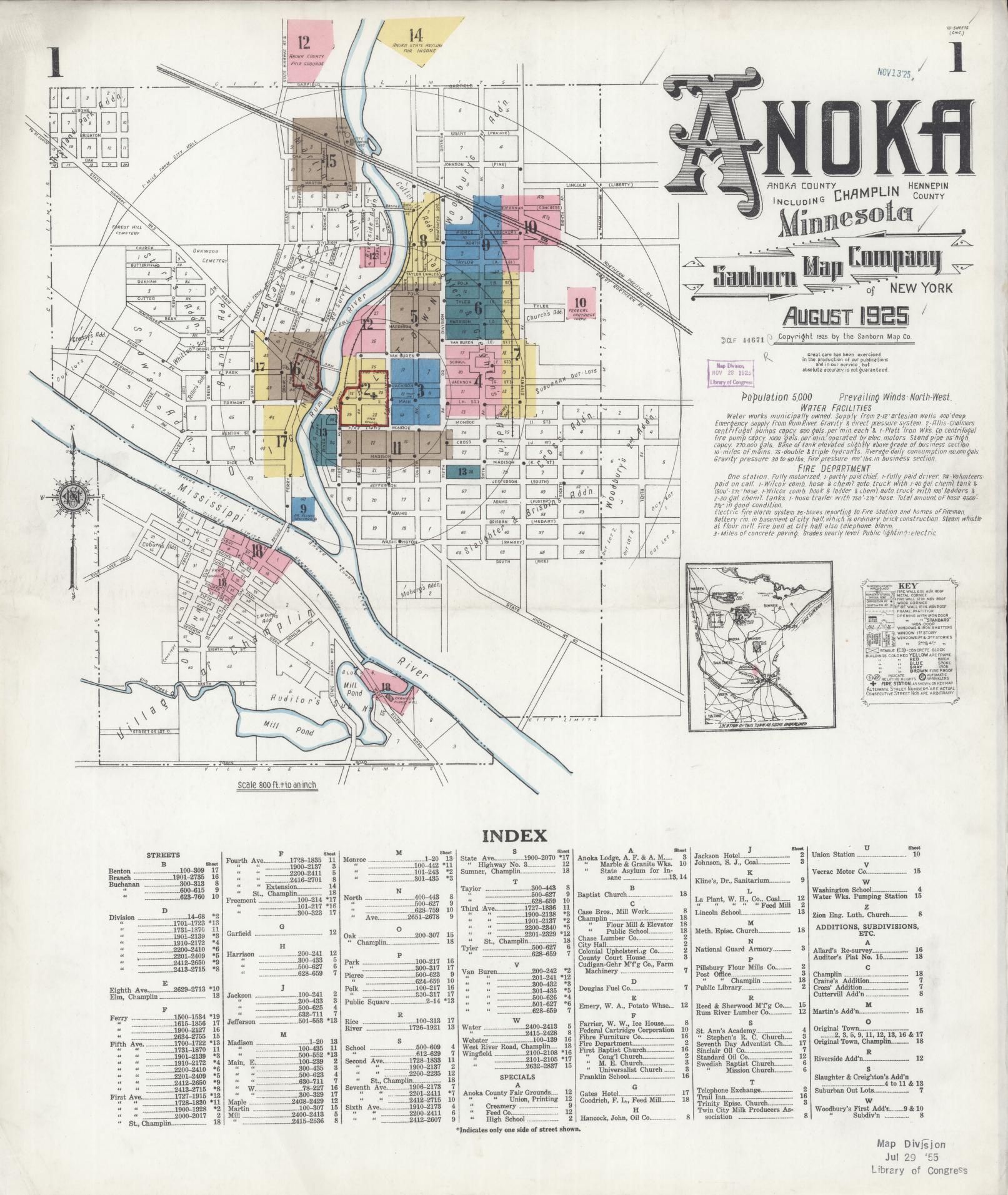 Sanborn Fire Insurance Map from Anoka, Anoka County, Minnesota (1925), Sheet #0001 - Complete Map Set gallery image, historic Sanborn map, vintage wall art, Minnesota Minnesota