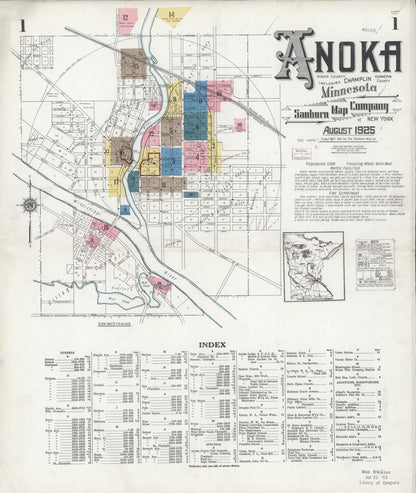 Sanborn Fire Insurance Map from Anoka, Anoka County, Minnesota (1925), Sheet #0001 - Complete Map Set gallery image, historic Sanborn map, vintage wall art, Minnesota Minnesota