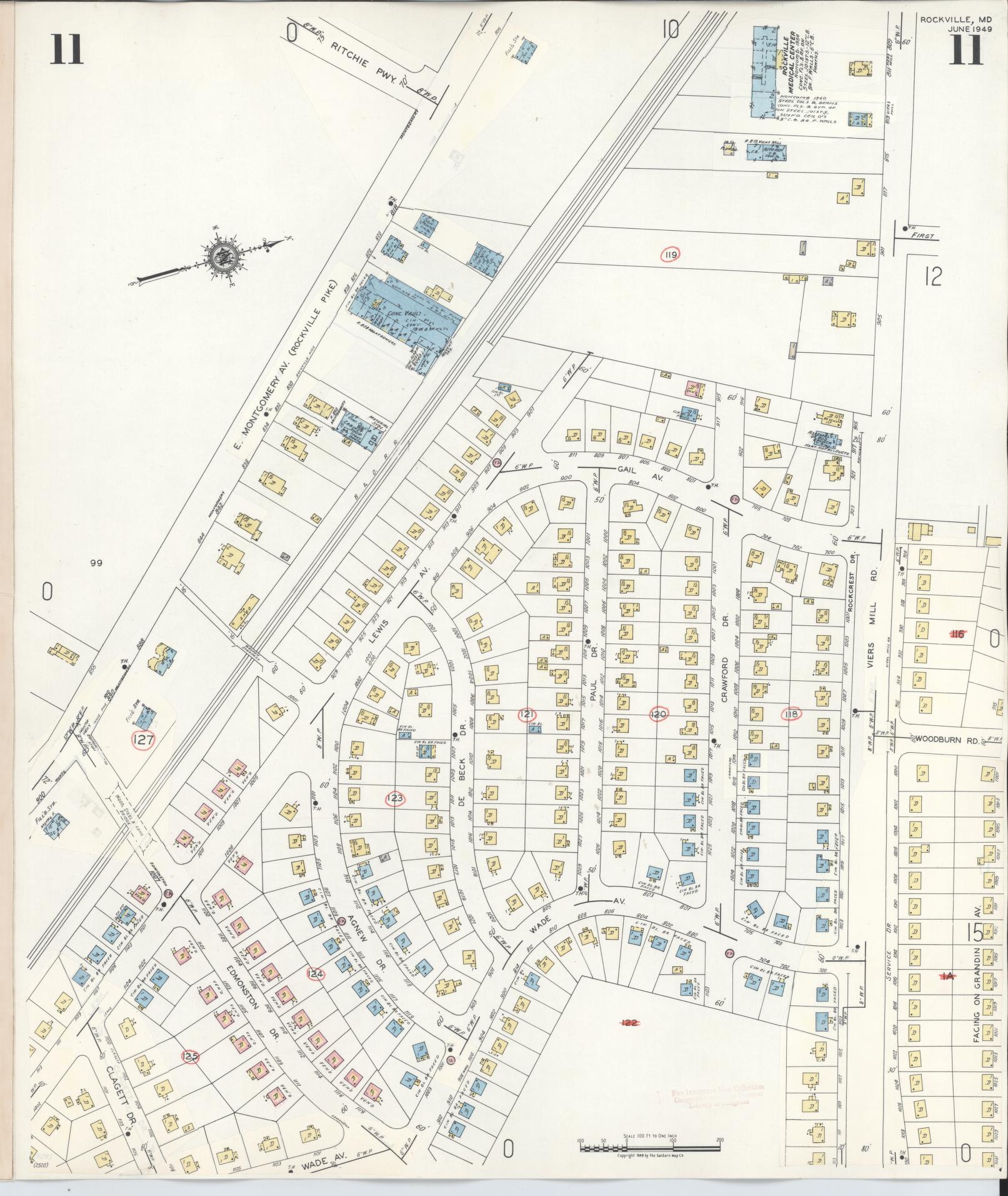 Sanborn Fire Insurance Map from Rockville, Montgomery County, Maryland (1960), Sheet #0011 - Historic Sanborn Fire Insurance Map Print, vintage old map wall art