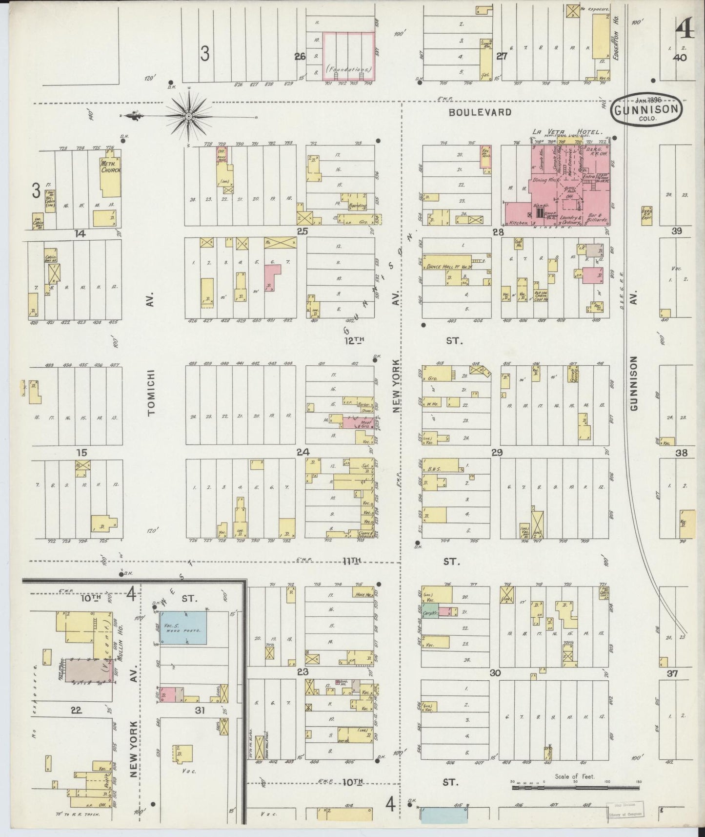 Sanborn Fire Insurance Map from Gunnison, Gunnison County, Colorado (1896), Sheet #0004 - Complete Map Set gallery image, historic Sanborn map, vintage wall art, Colorado Colorado
