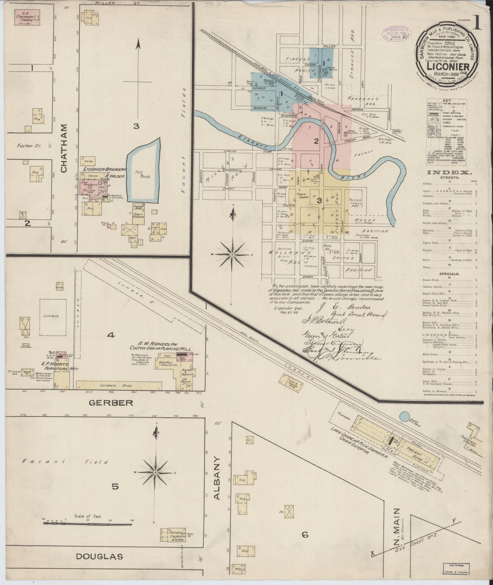 Sanborn Fire Insurance Map from Ligonier, Noble County, Indiana (1886), Sheet #0001 - Complete Map Set gallery image, historic Sanborn map, vintage wall art, Indiana Indiana