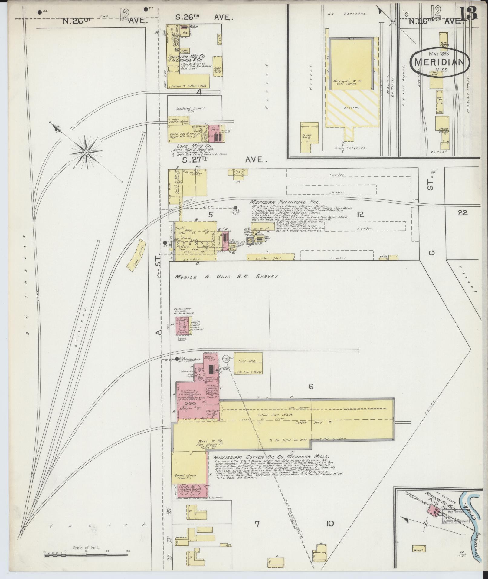 Sanborn Fire Insurance Map from Meridian, Lauderdale County, Mississippi (1893), Sheet #0013 - Historic Sanborn Fire Insurance Map Print, vintage old map wall art, antique decor, genealogy gift, Mississippi Mississippi map