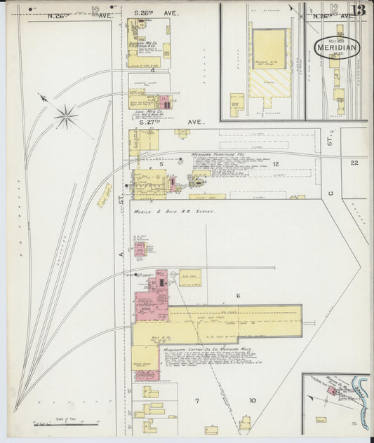 Sanborn Fire Insurance Map from Meridian, Lauderdale County, Mississippi (1893), Sheet #0013 - Historic Sanborn Fire Insurance Map Print, vintage old map wall art, antique decor, genealogy gift, Mississippi Mississippi map