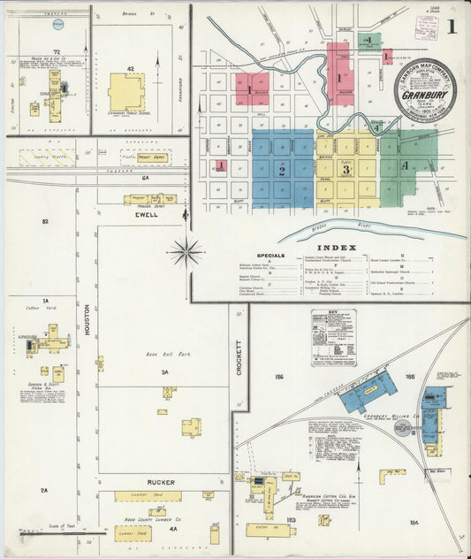 Sanborn Fire Insurance Map from Granbury, Hood County, Texas (1905), Sheet #0001 - Historic Sanborn Fire Insurance Map Print, vintage old map wall art, antique decor, genealogy gift, Texas Texas map