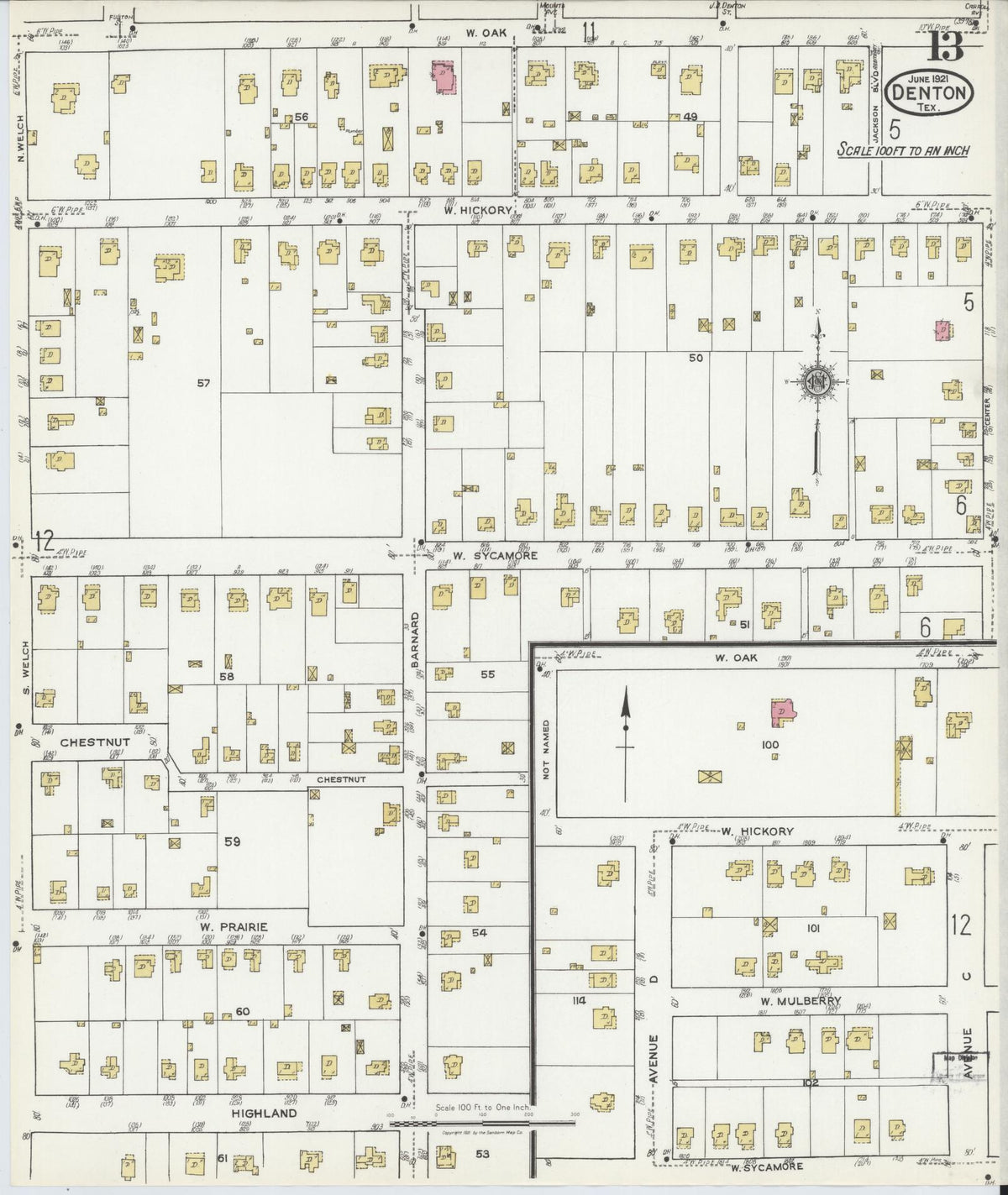 Sanborn Fire Insurance Map from Denton, Denton County, Texas (1921), Sheet #0013 - Historic Sanborn Fire Insurance Map Print, vintage old map wall art, antique decor, genealogy gift, Texas Texas map
