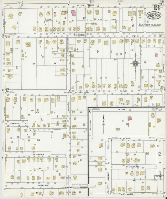 Sanborn Fire Insurance Map from Denton, Denton County, Texas (1921), Sheet #0013 - Historic Sanborn Fire Insurance Map Print, vintage old map wall art, antique decor, genealogy gift, Texas Texas map