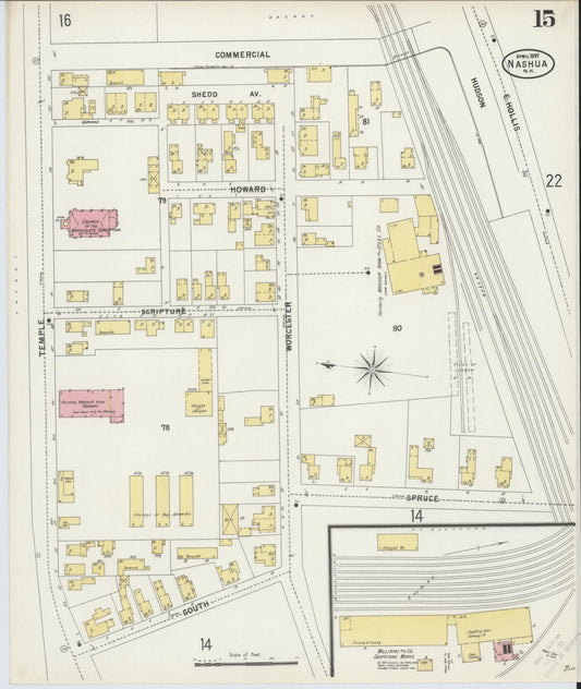 Sanborn Fire Insurance Map from Nashua, Hillsborough County, New Hampshire (1897), Sheet #0015 - Historic Sanborn Fire Insurance Map Print, vintage old map wall art, antique decor, genealogy gift, New Hampshire New Hampshire map