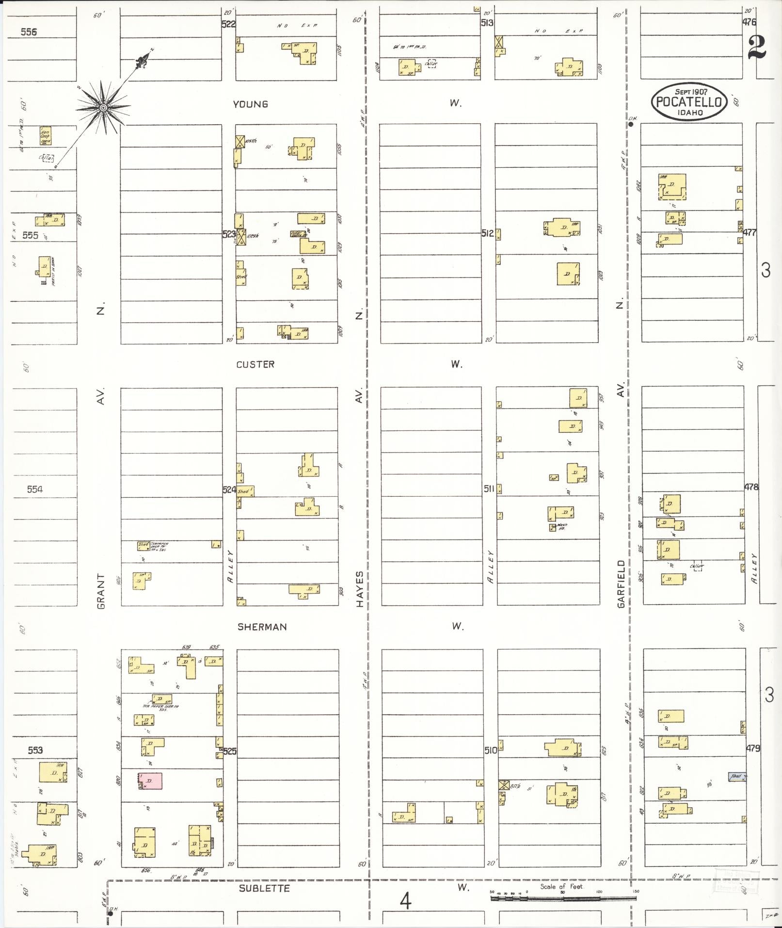 Sanborn Fire Insurance Map from Pocatello, Bannock County, Idaho (1907), Sheet #0002 - Complete Map Set gallery image, historic Sanborn map, vintage wall art, Idaho Idaho