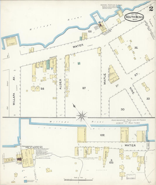 Sanborn Fire Insurance Map from South Bend, Pacific County, Washington (1891), Sheet #0002 - Historic Sanborn Fire Insurance Map Print, vintage old map wall art, antique decor, genealogy gift, Washington Washington map