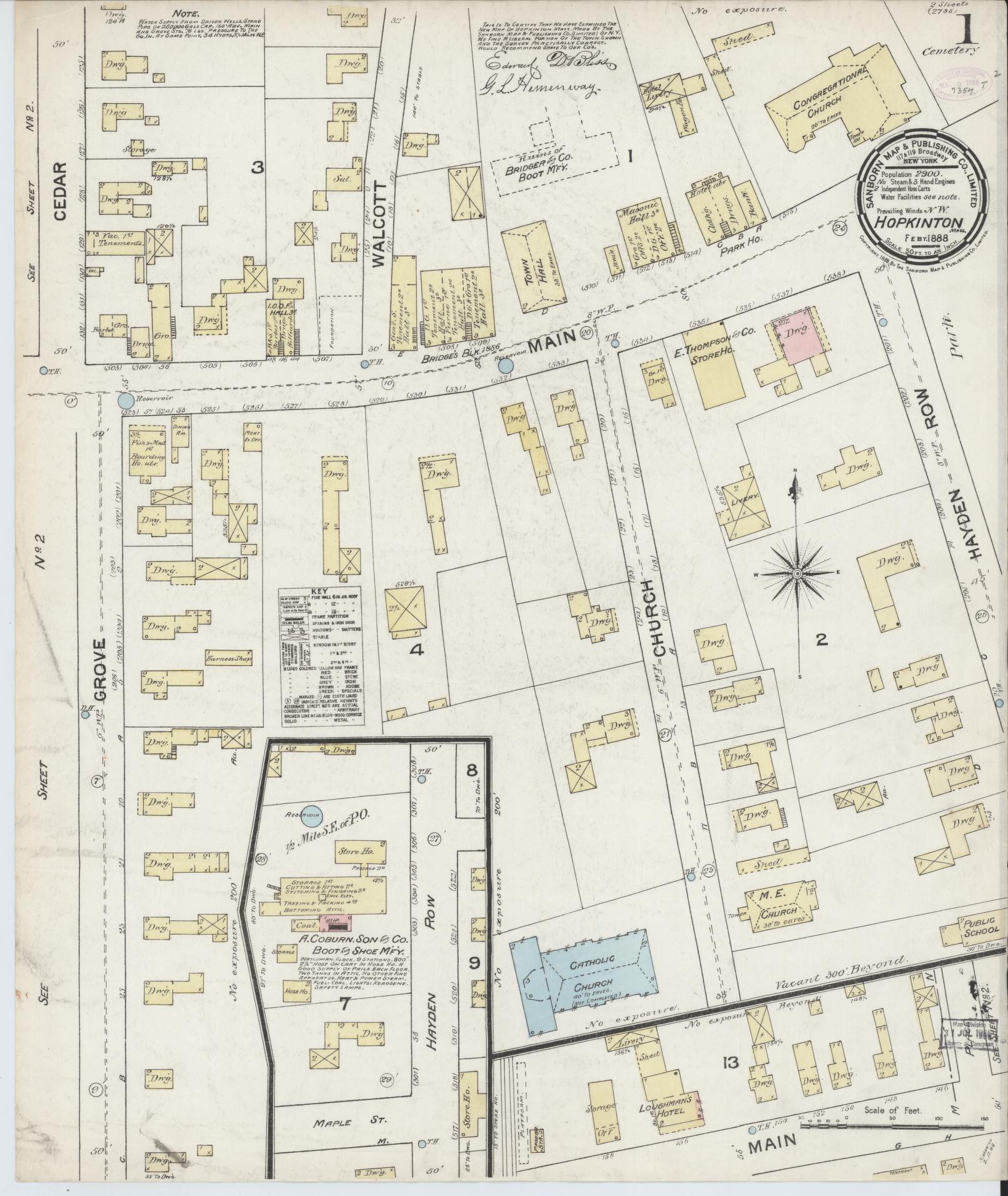 Sanborn Fire Insurance Map from Hopkinton, Middlesex County, Massachusetts (1888), Sheet #0001 - Complete Map Set gallery image, historic Sanborn map, vintage wall art, Massachusetts Massachusetts