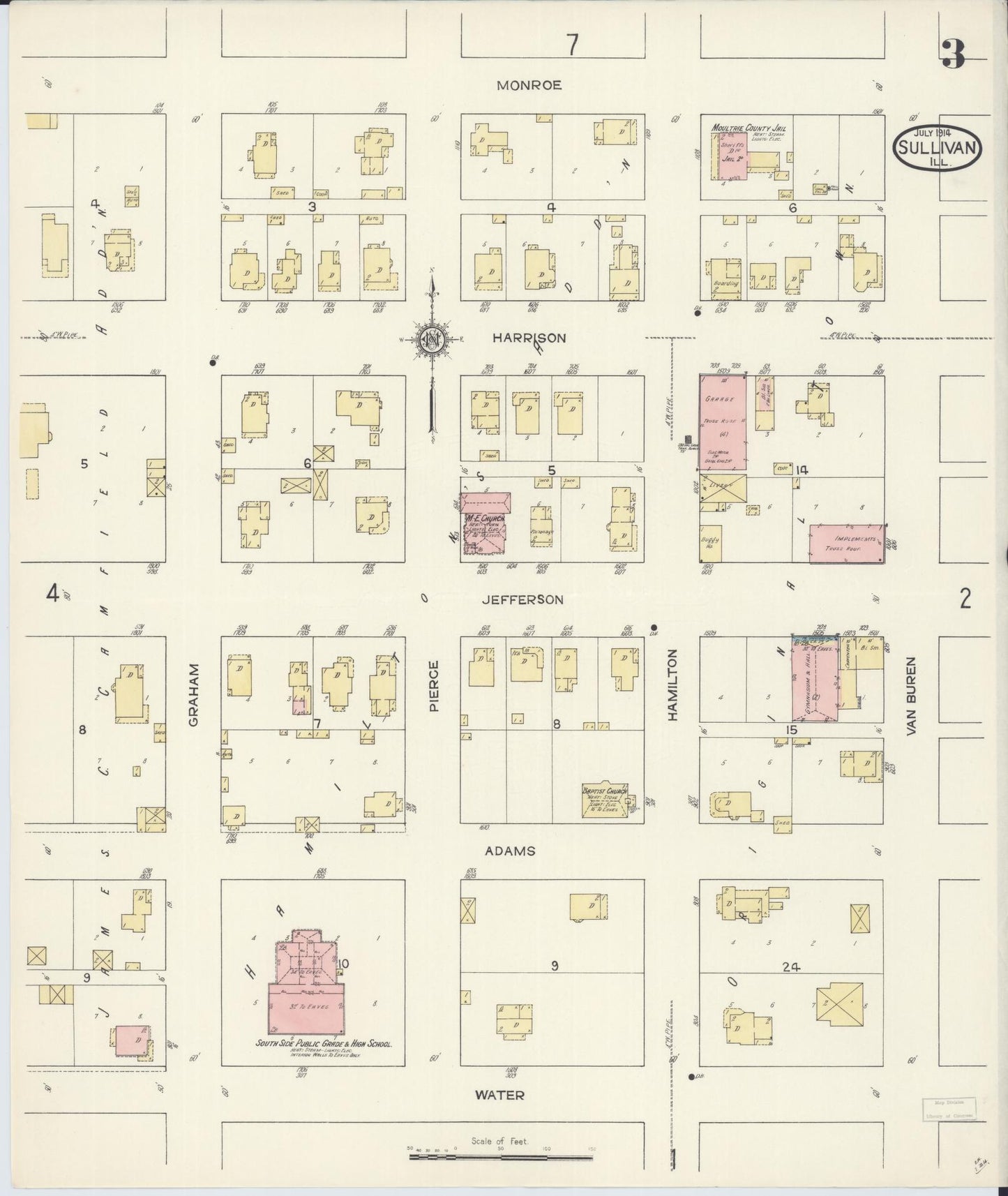Sanborn Fire Insurance Map from Sullivan, Moultrie County, Illinois (1914), Sheet #0003 - Historic Sanborn Fire Insurance Map Print, vintage old map wall art, antique decor, genealogy gift, Illinois Illinois map
