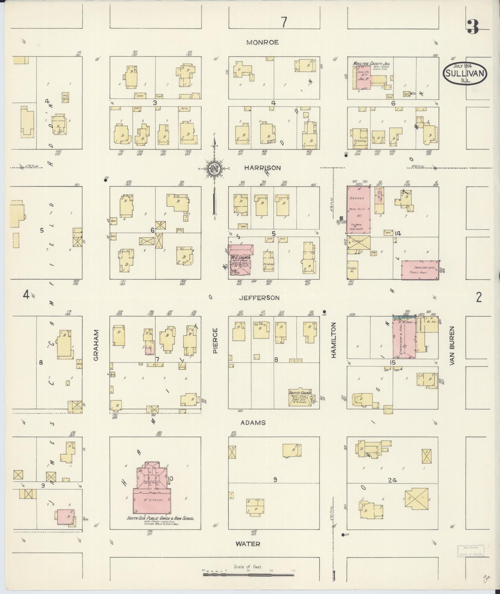 Sanborn Fire Insurance Map from Sullivan, Moultrie County, Illinois (1914), Sheet #0003 - Historic Sanborn Fire Insurance Map Print, vintage old map wall art, antique decor, genealogy gift, Illinois Illinois map