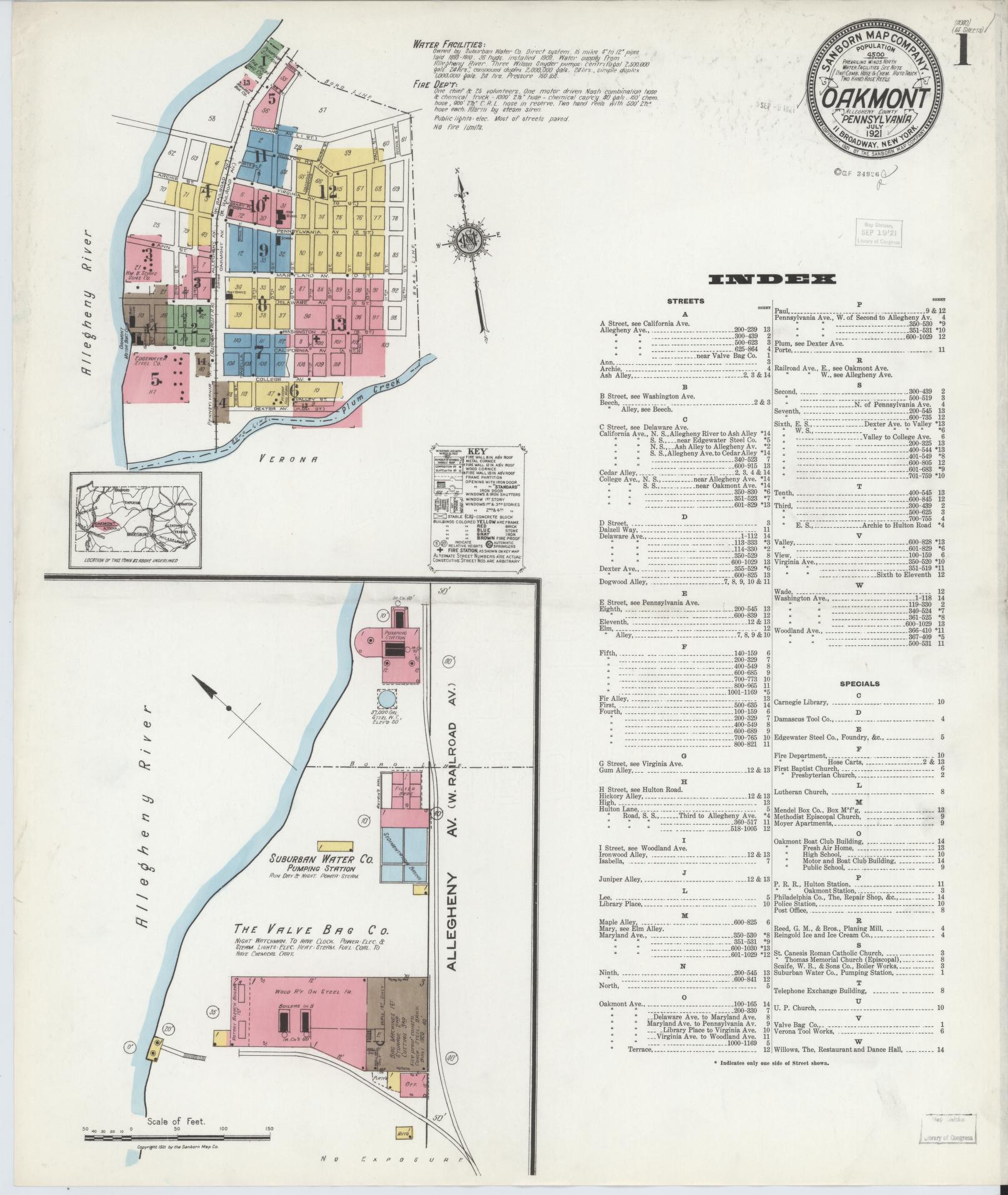 Sanborn Fire Insurance Map from Oakmont, Allegheny County, Pennsylvania (1921), Sheet #0001 - Complete Map Set gallery image, historic Sanborn map, vintage wall art, Pennsylvania Pennsylvania