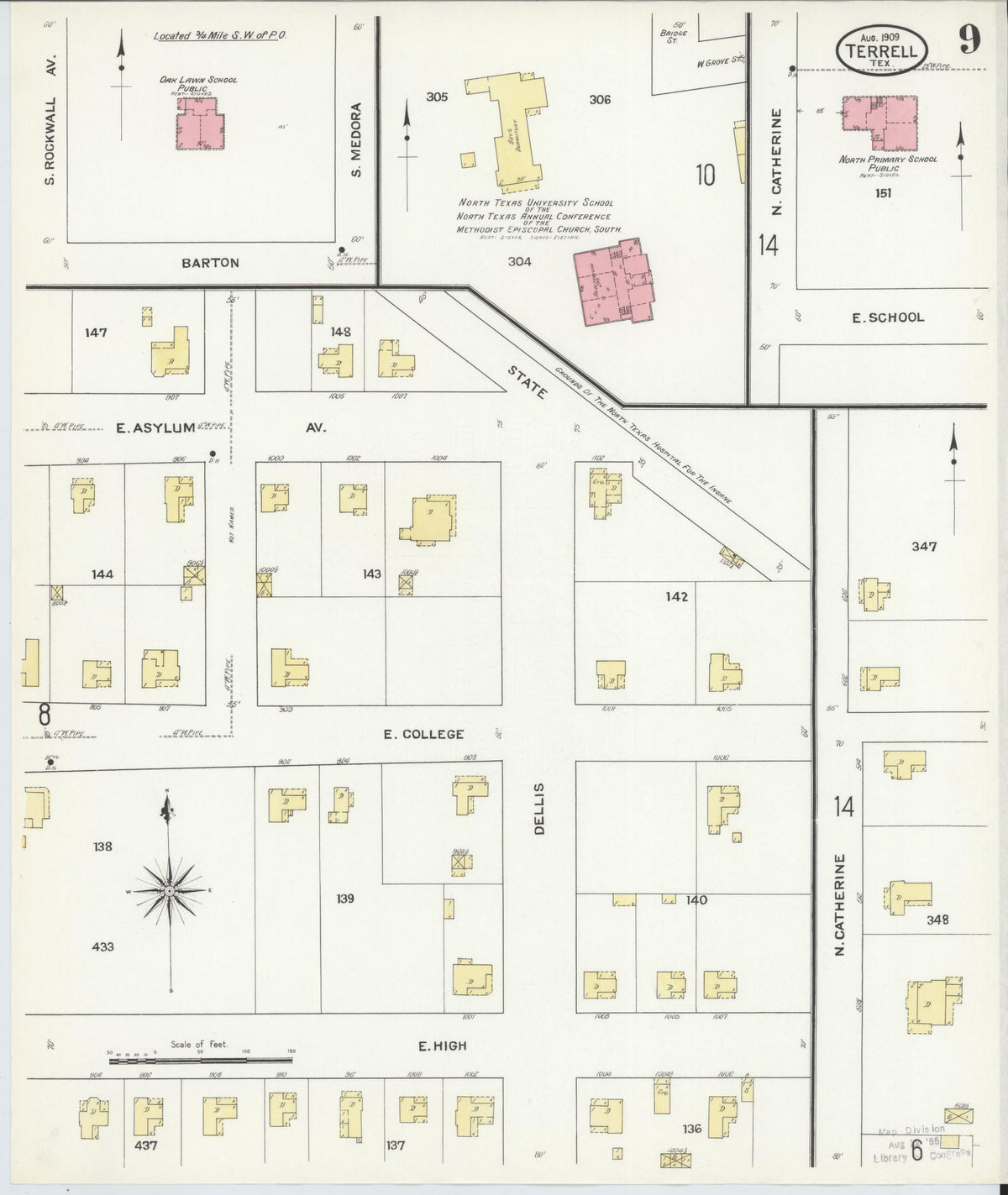 Sanborn Fire Insurance Map from Terrell, Kaufman County, Texas (1909), Sheet #0009 - Historic Sanborn Fire Insurance Map Print, vintage old map wall art, antique decor, genealogy gift, Texas Texas map