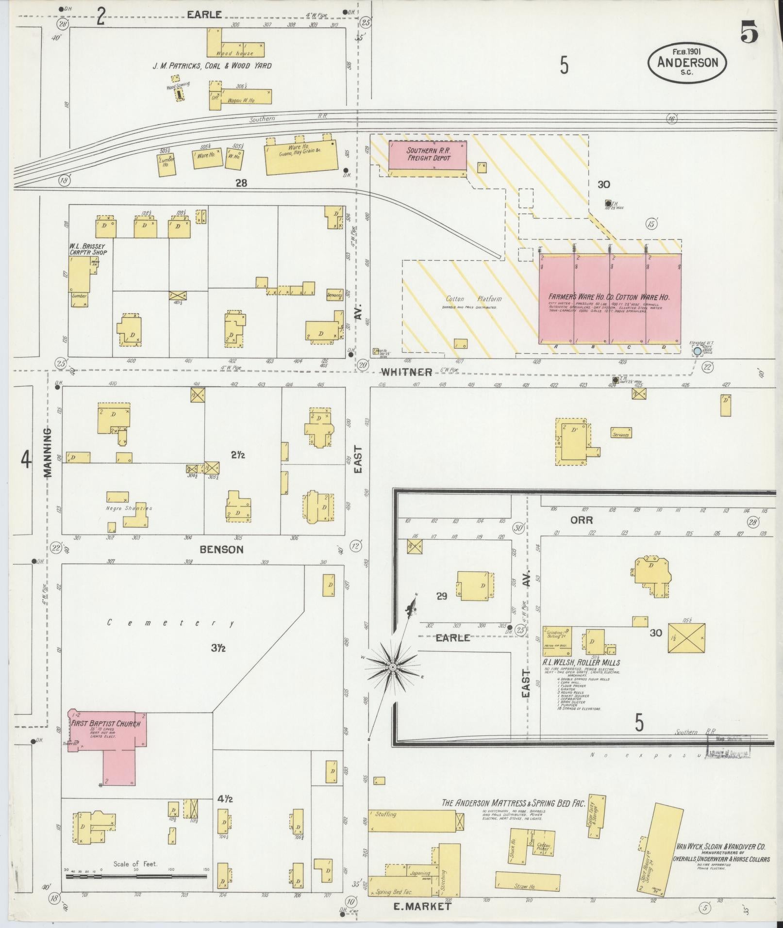 Sanborn Fire Insurance Map from Anderson, Anderson County, South Carolina (1901), Sheet #0005 - Complete Map Set gallery image, historic Sanborn map, vintage wall art, South Carolina South Carolina