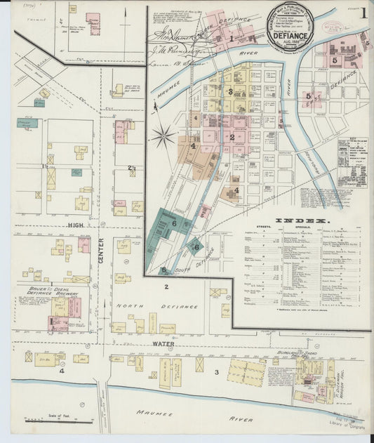 Sanborn Fire Insurance Map from Defiance, Defiance County, Ohio (1888), Sheet #0001 - Historic Sanborn Fire Insurance Map Print, vintage old map wall art, antique decor, genealogy gift, Ohio Ohio map