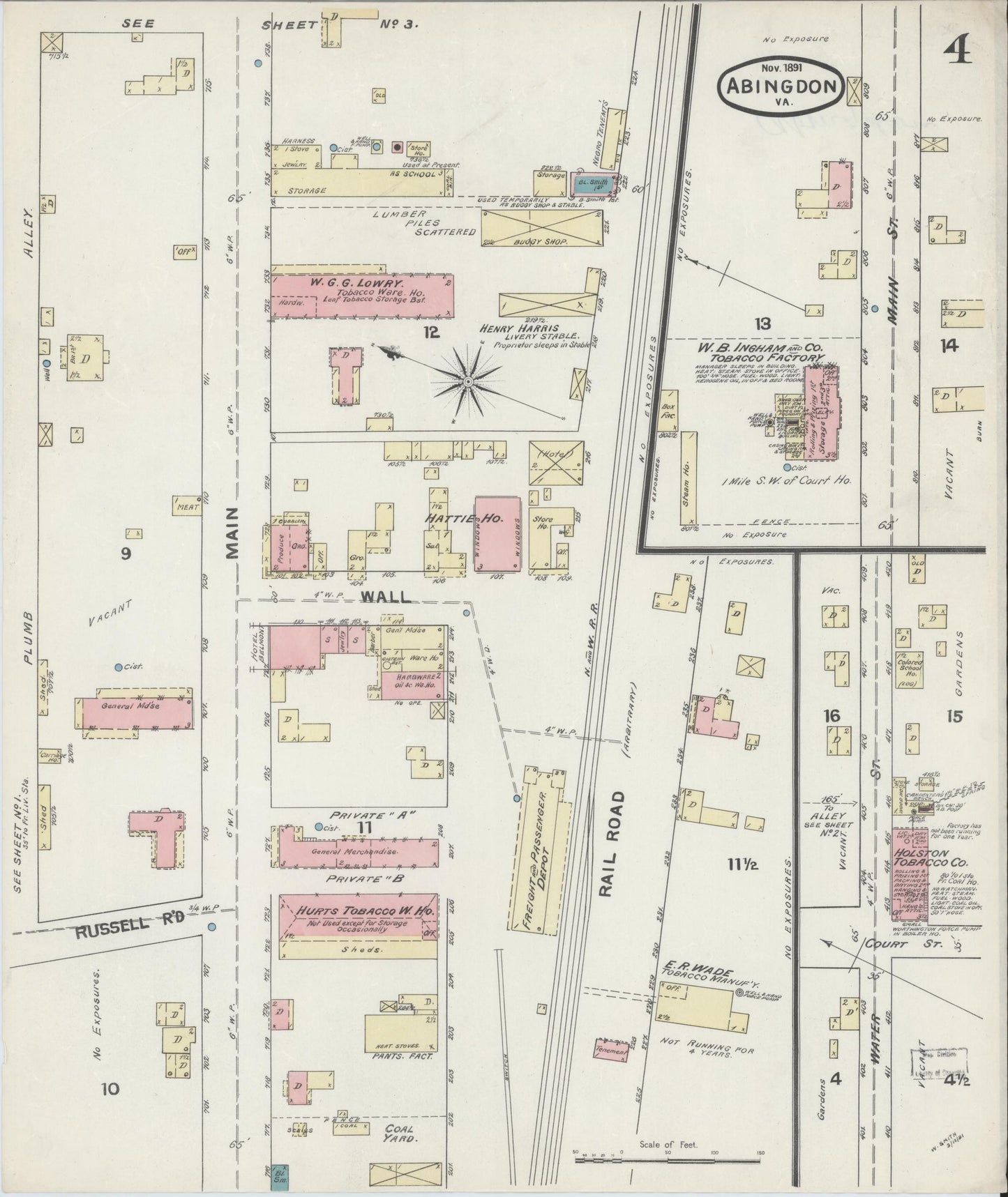 Sanborn Fire Insurance Map from Abingdon, Washington County, Virginia (1891), Sheet #0004 - Historic Sanborn Fire Insurance Map Print, vintage old map wall art, antique decor, genealogy gift, Virginia Virginia map