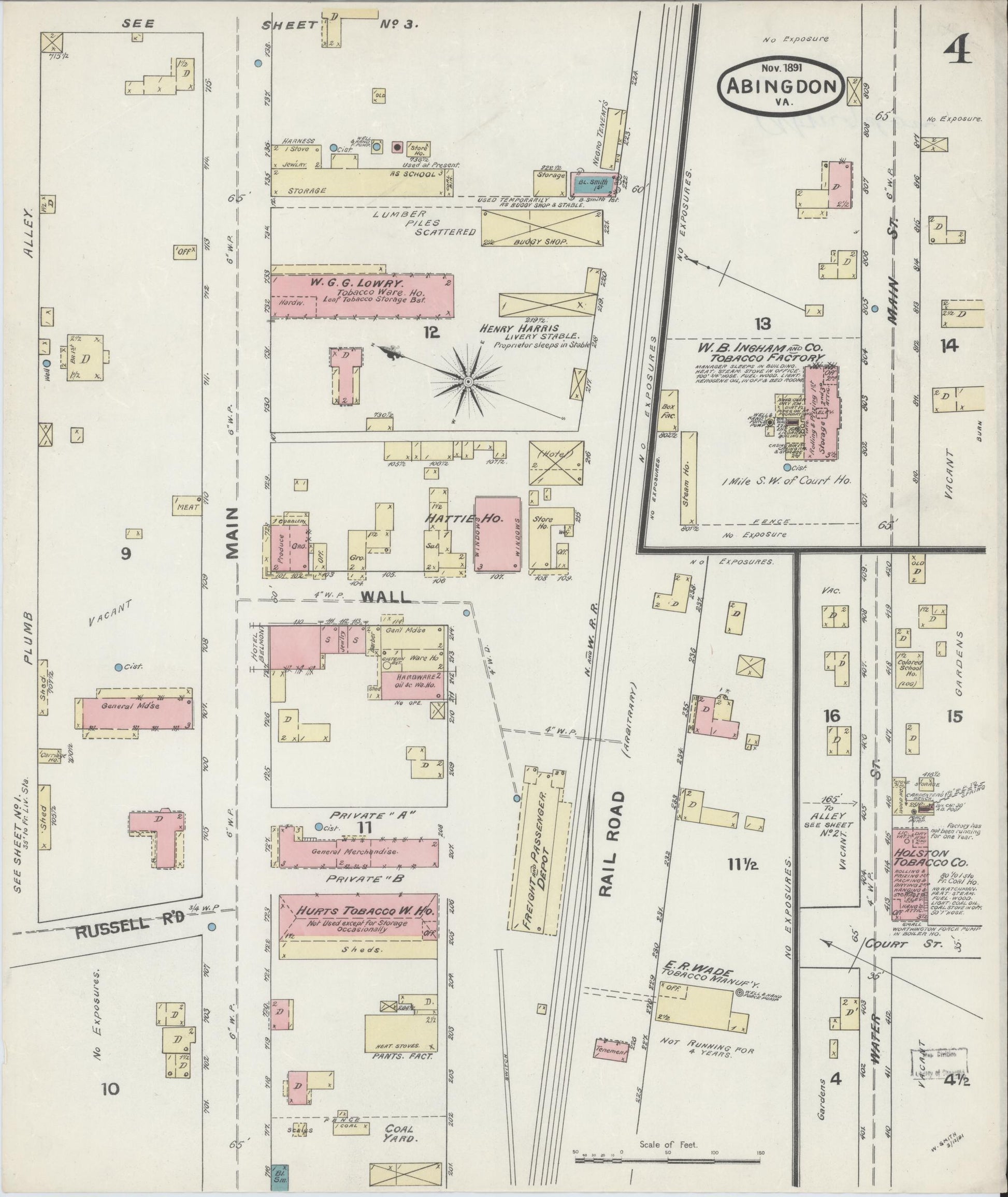 Sanborn Fire Insurance Map from Abingdon, Washington County, Virginia (1891), Sheet #0004 - Historic Sanborn Fire Insurance Map Print, vintage old map wall art, antique decor, genealogy gift, Virginia Virginia map