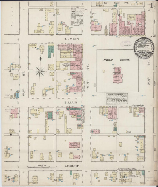 Sanborn Fire Insurance Map from Carrollton, Greene County, Illinois (1885), Sheet #0001 - Complete Map Set gallery image, historic Sanborn map, vintage wall art, Illinois Illinois