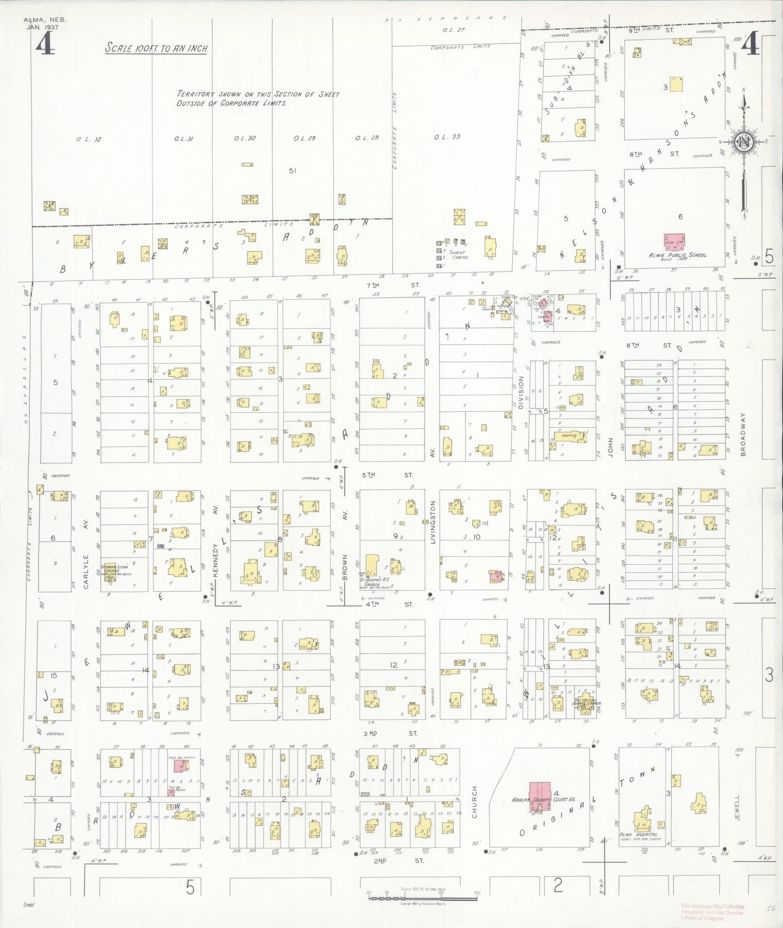 Sanborn Fire Insurance Map from Alma, Harlan County, Nebraska (1937), Sheet #0004 - Historic Sanborn Fire Insurance Map Print, vintage old map wall art, antique decor, genealogy gift, Nebraska Nebraska map
