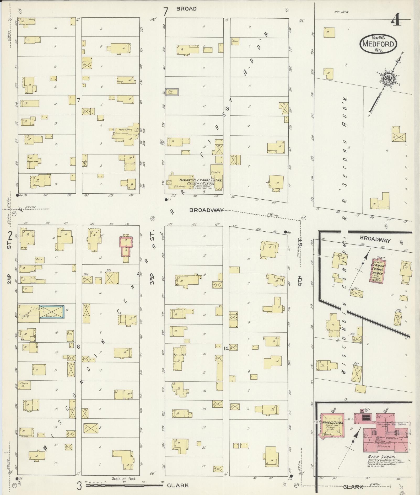 Sanborn Fire Insurance Map from Medford, Taylor County, Wisconsin (1913), Sheet #0004 - Complete Map Set gallery image, historic Sanborn map, vintage wall art, Wisconsin Wisconsin