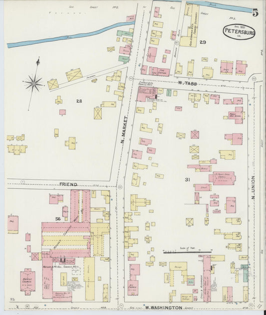 Sanborn Fire Insurance Map from Petersburg, Independent Cities, Virginia (1891), Sheet #0005 - Historic Sanborn Fire Insurance Map Print, vintage old map wall art, antique decor, genealogy gift, Virginia Virginia map