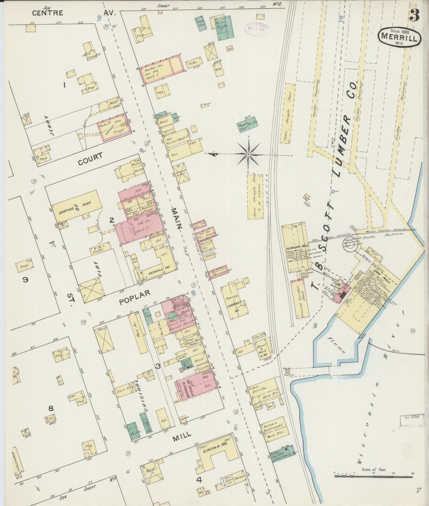 Sanborn Fire Insurance Map from Merrill, Lincoln County, Wisconsin (1888), Sheet #0003 - Complete Map Set gallery image, historic Sanborn map, vintage wall art, Wisconsin Wisconsin