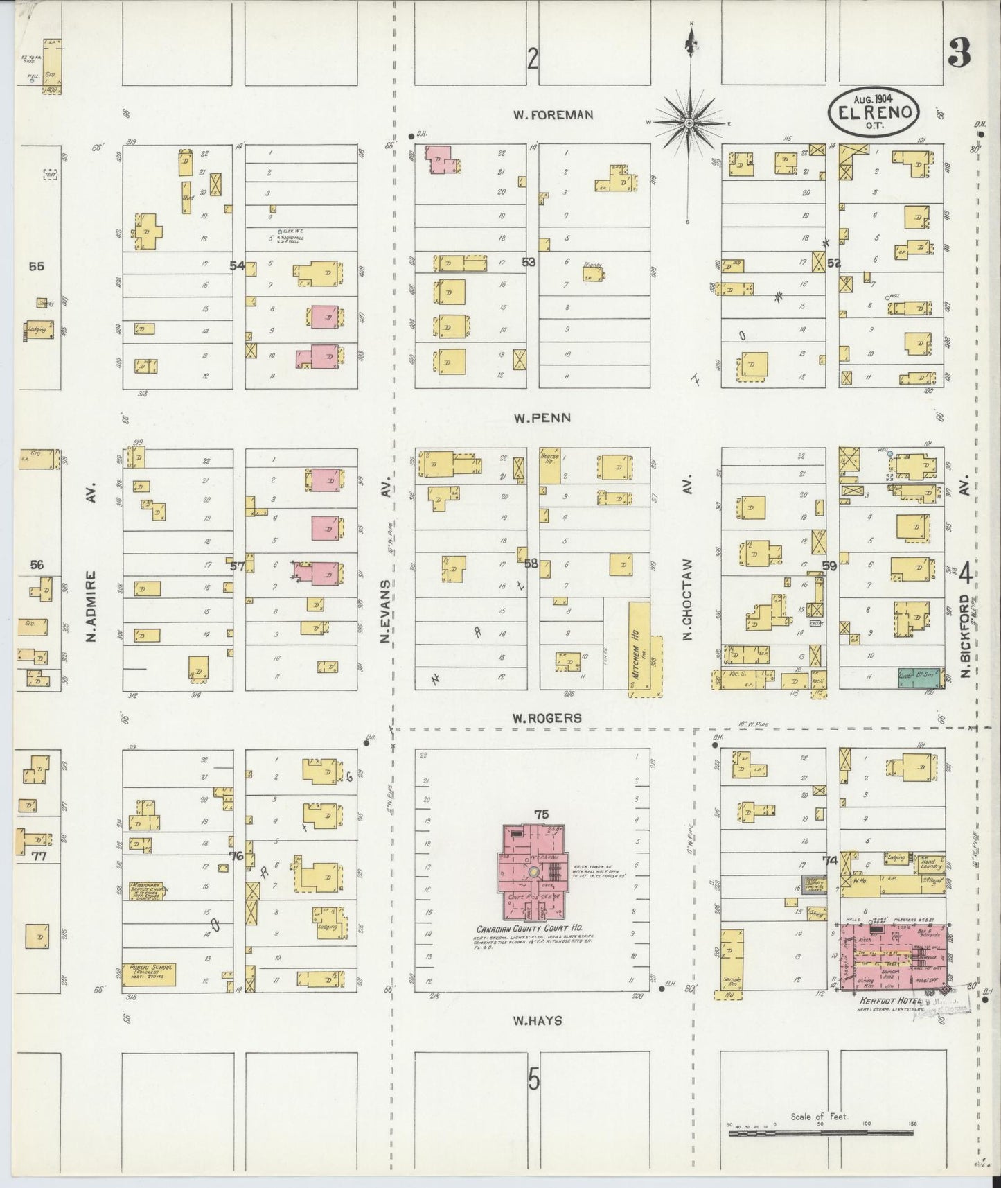 Sanborn Fire Insurance Map from El Reno, Canadian County, Oklahoma (1904), Sheet #0003 - Historic Sanborn Fire Insurance Map Print, vintage old map wall art, antique decor, genealogy gift, Oklahoma Oklahoma map