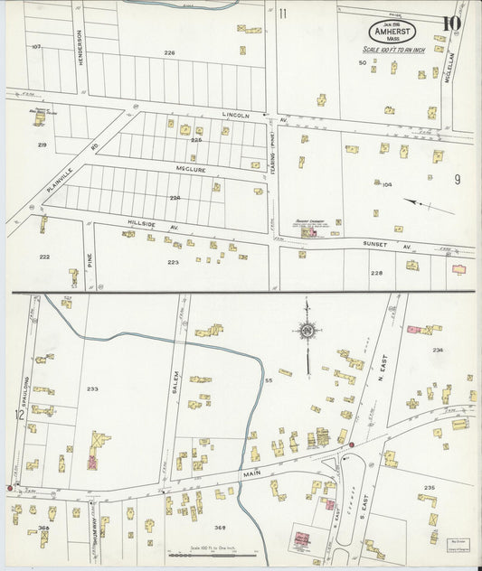 Sanborn Fire Insurance Map from Amherst, Hampshire County, Massachusetts (1916), Sheet #0010 - Historic Sanborn Fire Insurance Map Print, vintage old map wall art, antique decor, genealogy gift, Massachusetts Massachusetts map