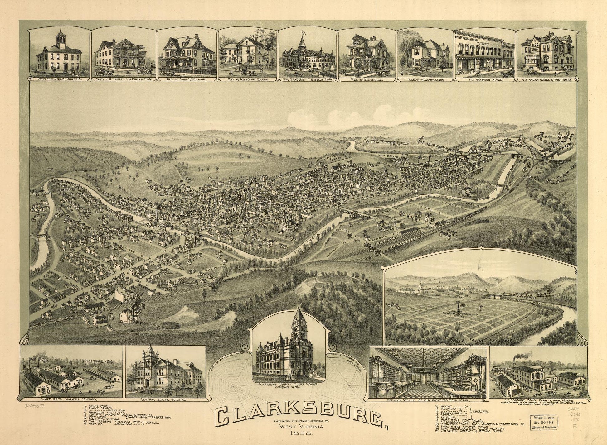 Clarksburg, West Virginia 1898. (1898) – Historic Bird’s-Eye View Panorama Print