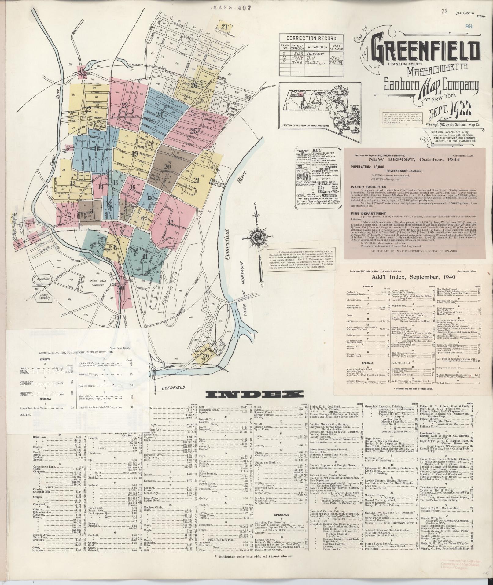 Sanborn Fire Insurance Map from Greenfield, Franklin County, Massachusetts (1948), Sheet #0001 - Historic Sanborn Fire Insurance Map Print, vintage old map wall art, antique decor, genealogy gift, Massachusetts Massachusetts map