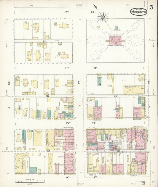 Sanborn Fire Insurance Map from Modesto, Stanislaus County, California (1891), Sheet #0005 - Historic Sanborn Fire Insurance Map Print, vintage old map wall art, antique decor, genealogy gift, California California map