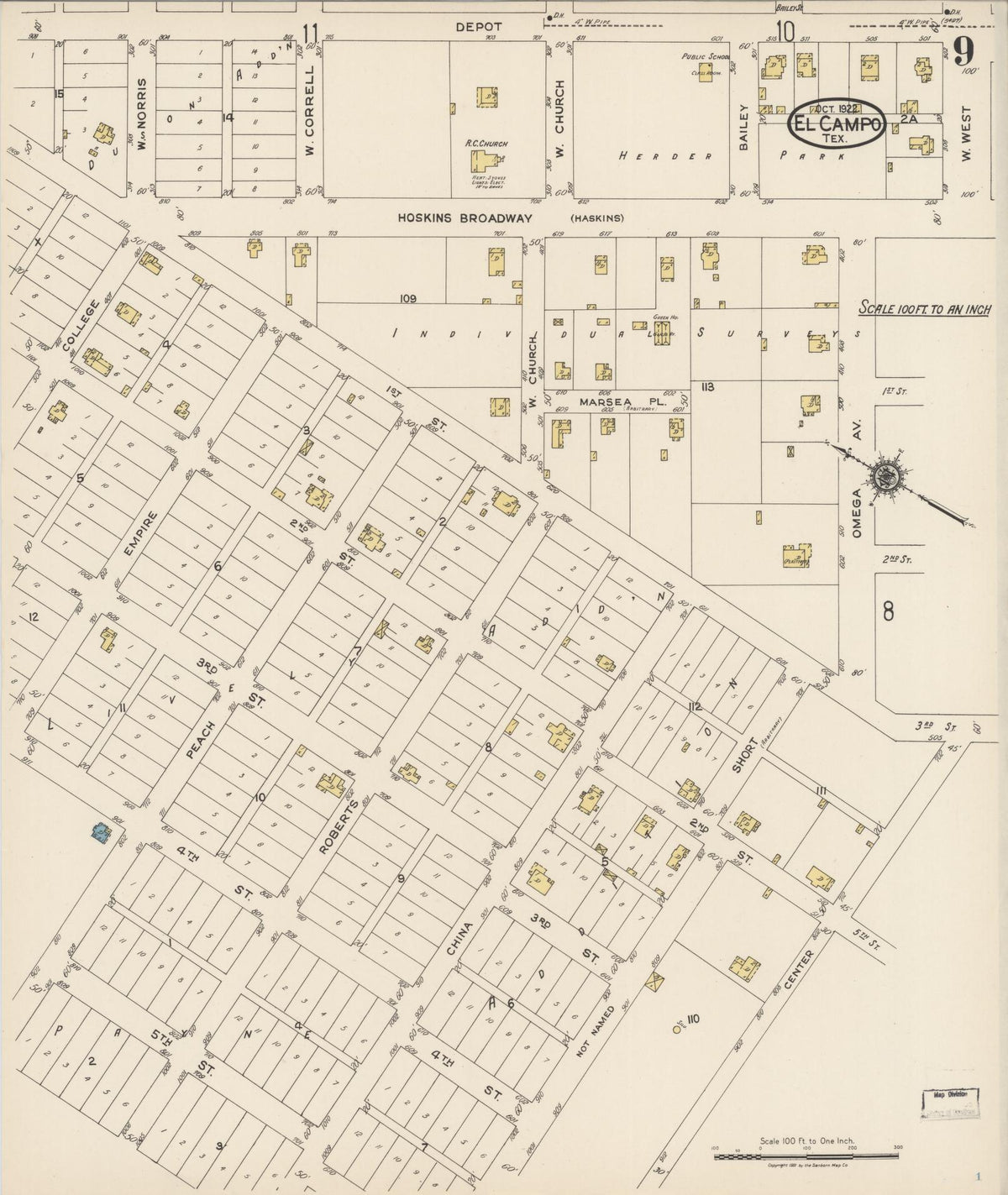 Sanborn Fire Insurance Map from El Campo, Wharton County, Texas (1922), Sheet #0009 - Complete Map Set gallery image, historic Sanborn map, vintage wall art, Texas Texas