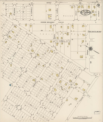 Sanborn Fire Insurance Map from El Campo, Wharton County, Texas (1922), Sheet #0009 - Complete Map Set gallery image, historic Sanborn map, vintage wall art, Texas Texas