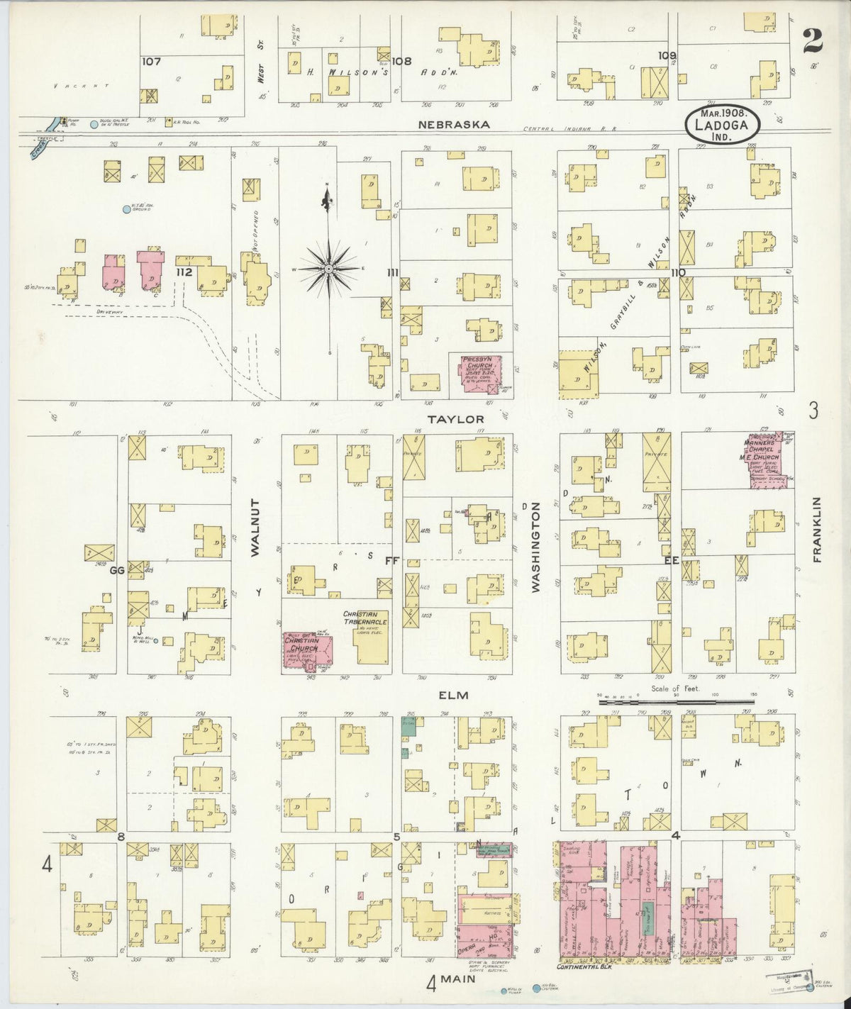 Sanborn Fire Insurance Map from Ladoga, Montgomery County, Indiana (1908), Sheet #0002 - Historic Sanborn Fire Insurance Map Print, vintage old map wall art, antique decor, genealogy gift, Indiana Indiana map
