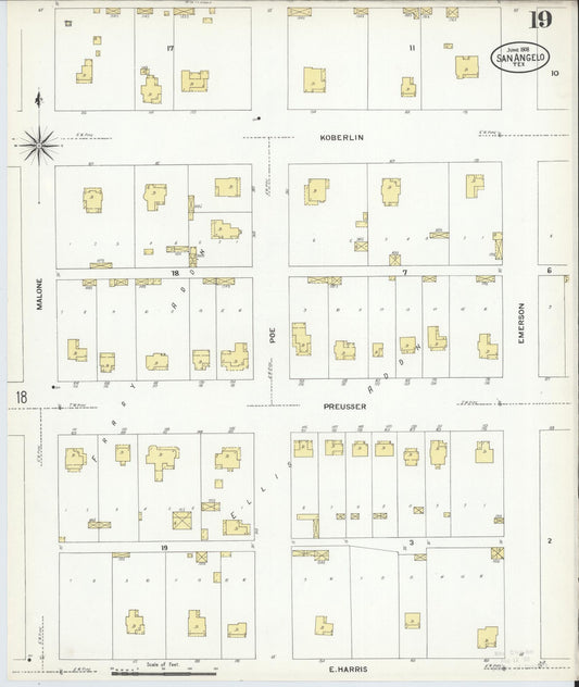 Sanborn Fire Insurance Map from San Angelo, Tom Green County, Texas (1908), Sheet #0019 - Historic Sanborn Fire Insurance Map Print, vintage old map wall art, antique decor, genealogy gift, Texas Texas map