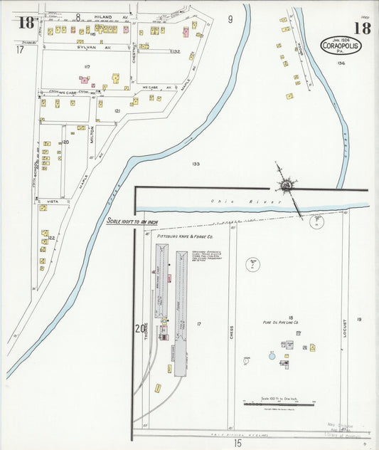 Sanborn Fire Insurance Map from Coraopolis, Allegheny County, Pennsylvania (1924), Sheet #0018 - Historic Sanborn Fire Insurance Map Print, vintage old map wall art, antique decor, genealogy gift, Pennsylvania Pennsylvania map
